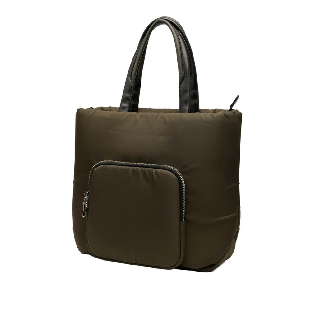 Prada Bag Shoulder Tote Triangle Leather Green Khaki Plate Brown Green Brown